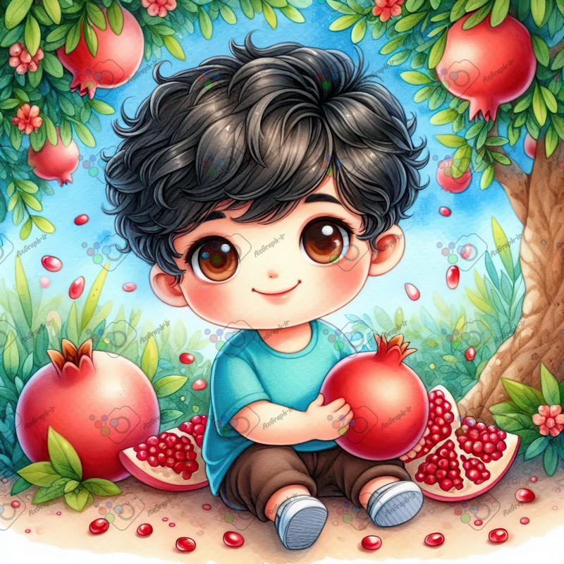 بک گراند کودکانه یلدا با طرح پسربچه با مزه در باغ انار-کد 44747(ویژه عکس گراف)
