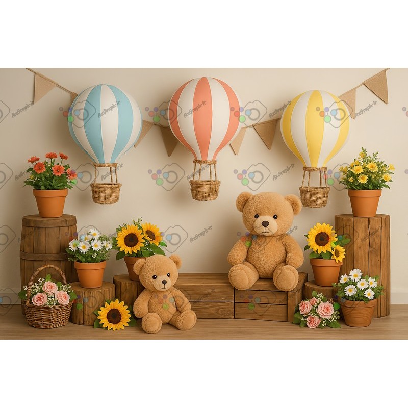بک دراپ کودک تم خرسی و گل آفتابگردون و بالون-کد 55431(ویژه عکس گراف)