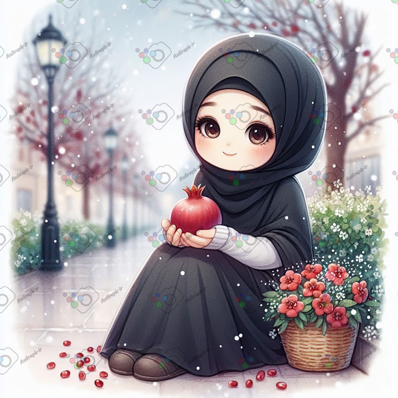 بک گراند کودکانه یلدا با طرح دختر بچه با حجاب با اناری در دست در خیابان برفی-کد 44744(ویژه عکس گراف)