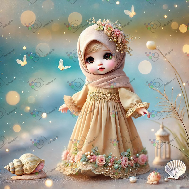 بک گراند کودکانه دختر ریزه میزه با حجاب در ساحل طلایی-کد 44510(ویژه عکس گراف)