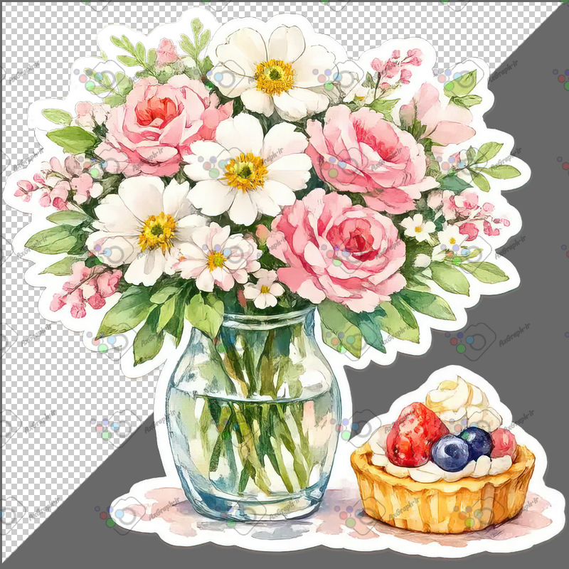 طرح برچسب فانتزی گلدان شیشه ای و تارت میوه ای-کد 70152(ویژه عکس گراف)