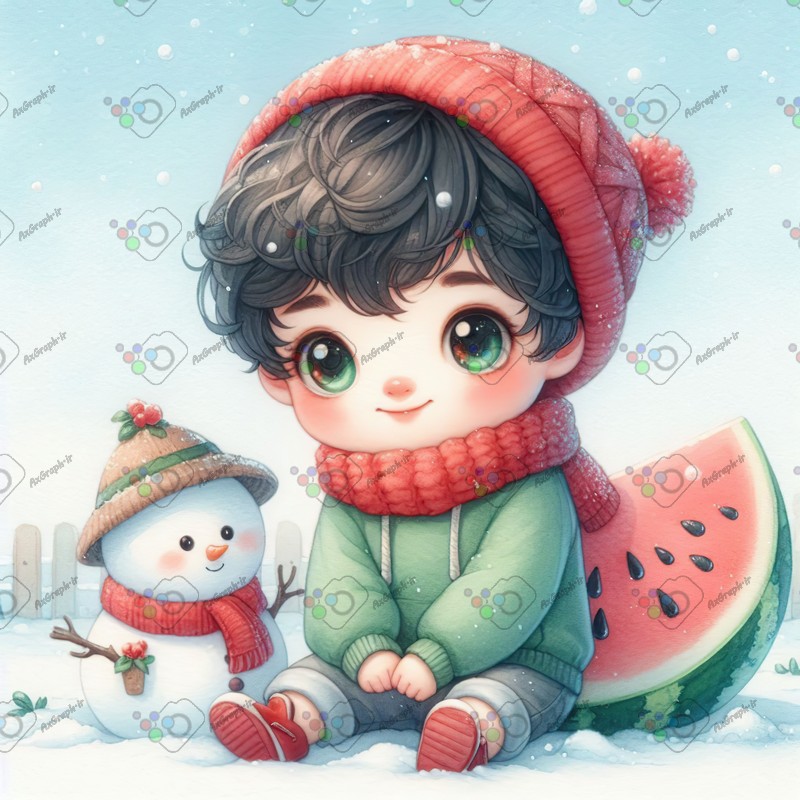 بک گراند کودکانه یلدا با طرح پسربچه با شال و کلاه و آدم برفی و هندونه در روز برفی-کد 44783(ویژه عکس گراف)