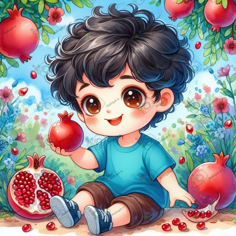 بک گراند کودکانه یلدا با طرح پسربچه با مزه در باغ انار-کد 44757(ویژه عکس گراف)