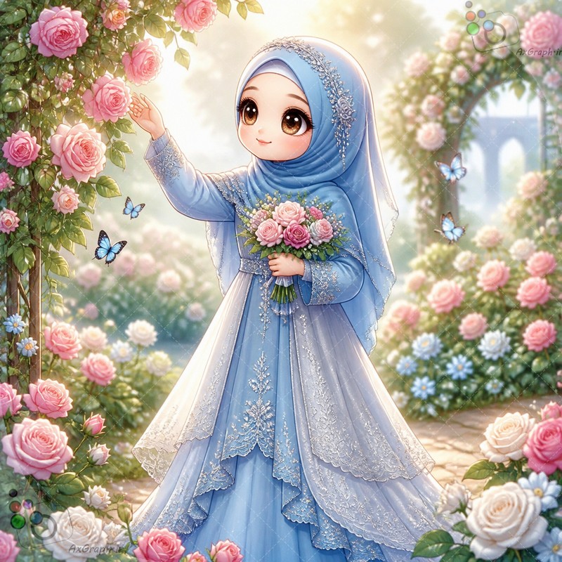 طرح دختر نوجوان باحجاب با لباس مجلل آبی آسمانی در باغ گل رز - کد 44945 (ویژه عکس گراف)
