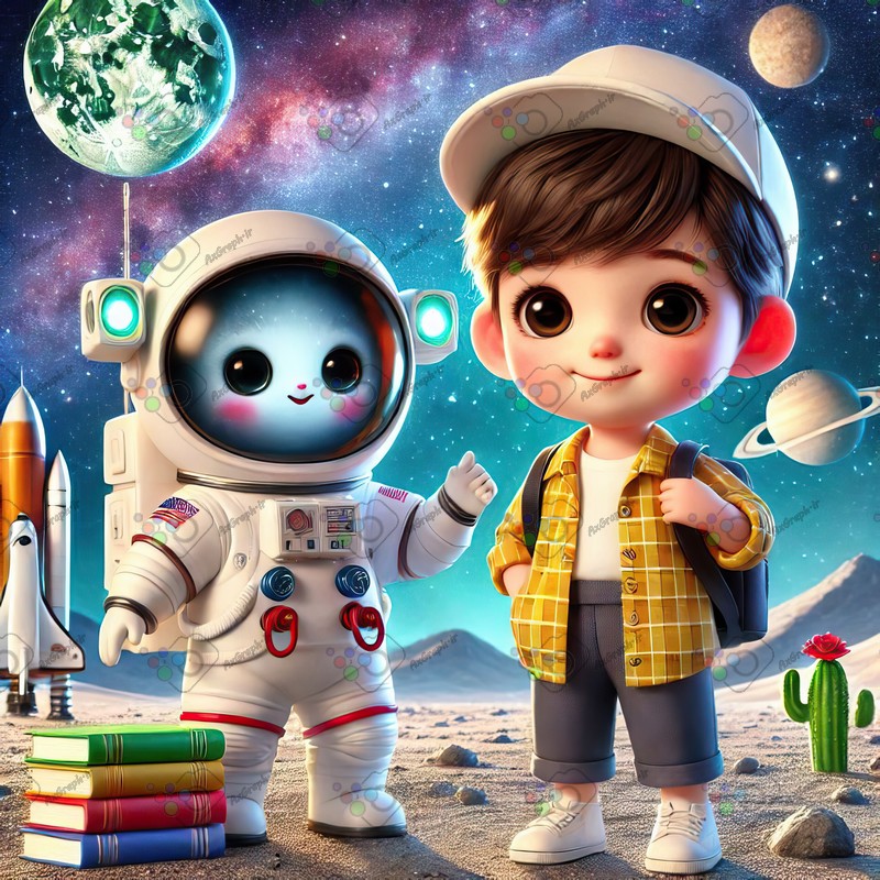 بک گراند کودکانه پسربچه با مزه و دوست فضاییش در کهکشان-کد 44500(ویژه عکس گراف)