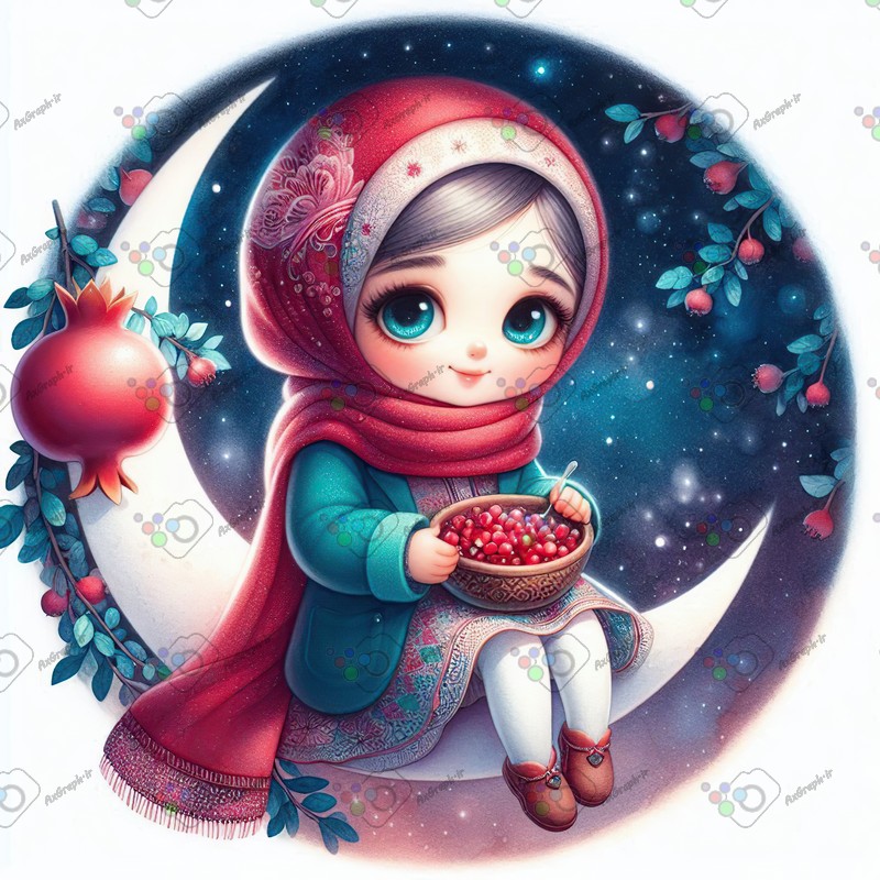 بک گراند کودکانه یلدا با طرح دختر بچه با حجاب و ماه و درخت انار-کد 44659(ویژه عکس گراف)