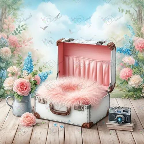 بک دراپ نوزاد چمدان با پس زمینه گلدار-کد 55001(ویژه عکس گراف)
