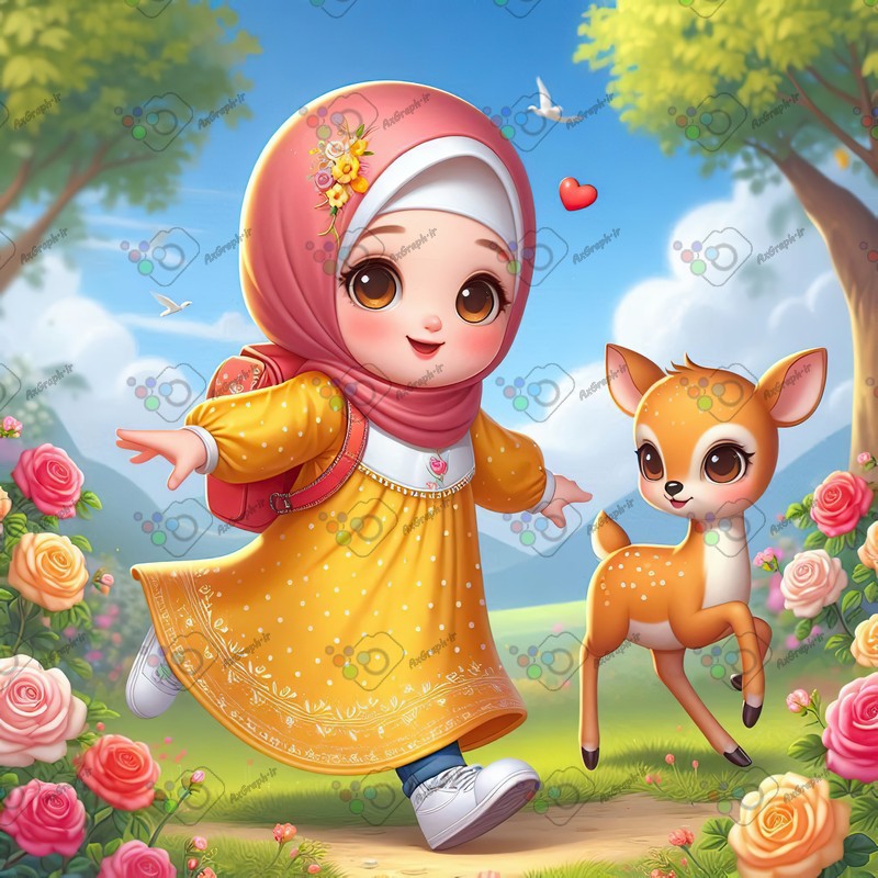 بک گراند کودکانه دختر بچه ناز با حجاب و بچه آهوی بازیگوش در حال دویدن در باغ گل رز-کد 44423(ویژه عکس گراف)