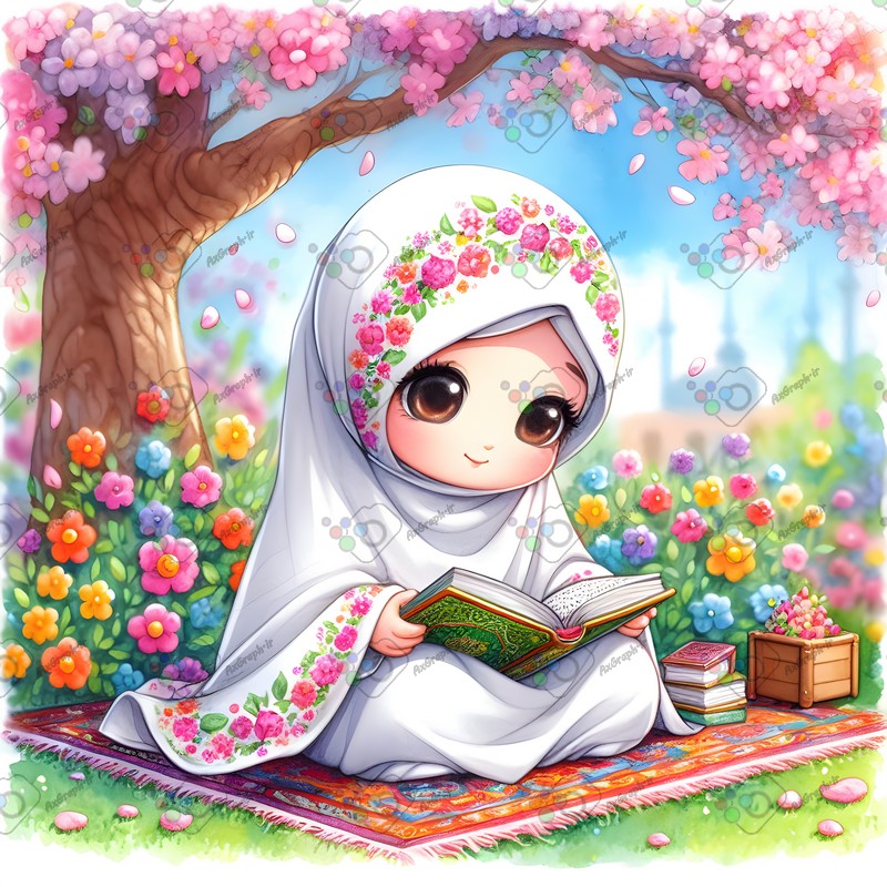 بک گراند کودکانه دختر بچه ناز با حجاب در حال قرآن خواندن زیر درخت پر گل-کد 44569(ویژه عکس گراف)