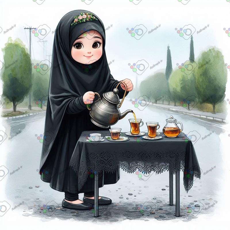 بک گراند کودکانه دختربچه ناز با حجاب در حال چای ریختن-کد 44493(ویژه عکس گراف)