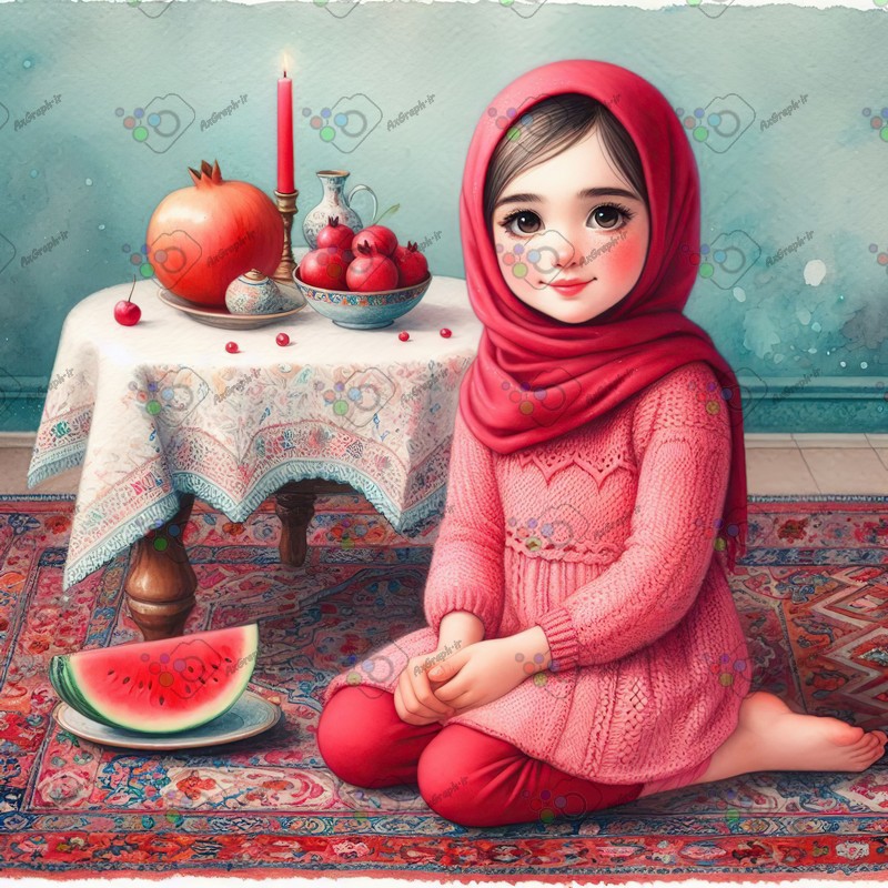 بک گراند کودکانه یلدا با طرح دختر و انار و هندونه و دکور سنتی-کد 44649(ویژه عکس گراف)