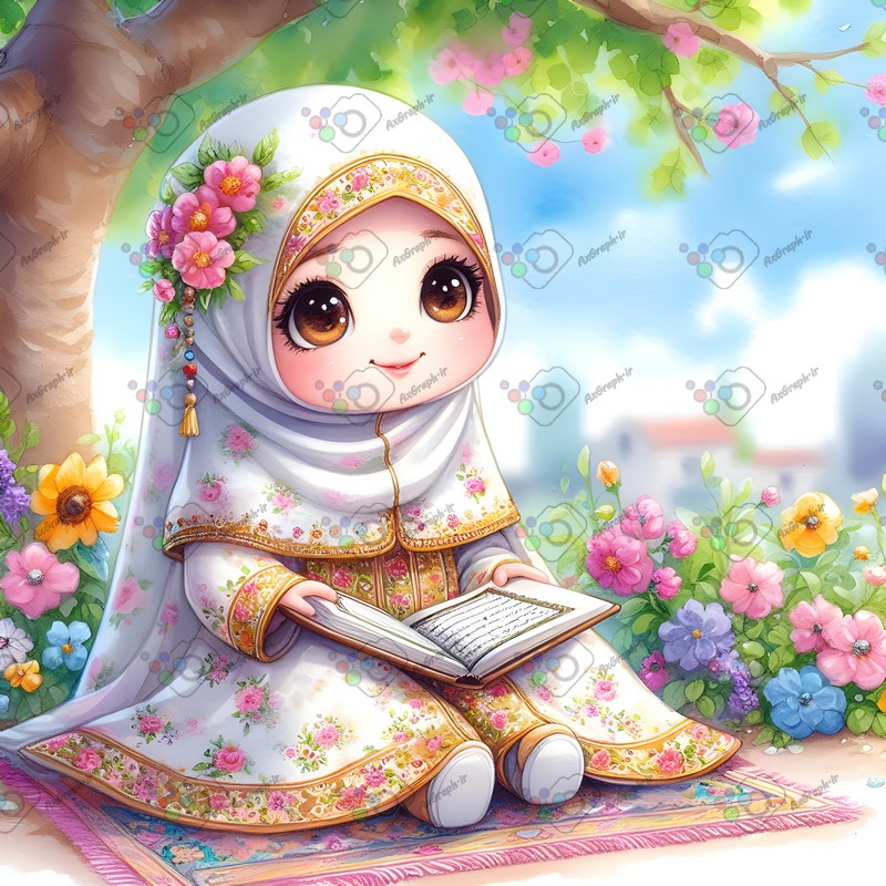 بک گراند کودکانه دختر بچه ناز با حجاب در حال قرآن خواندن زیر درخت-کد 44585(ویژه عکس گراف)