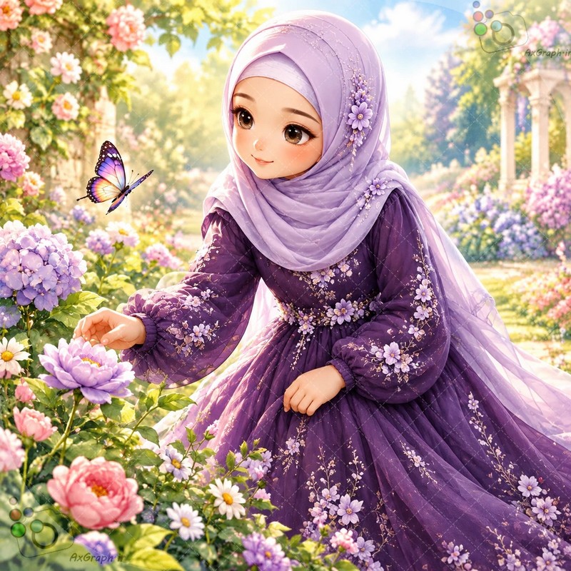 طرح دختربچه پرنسسی با روسری حریر بنفش و پیراهن سلطنتی جواهرنشان در باغ رز با پروانه - کد ۴۵۰۰۰ (ویژه عکس گراف