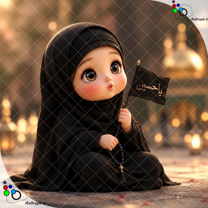 بک گراند کودکانه دختر کوچولوی ناز چادری با پرچم یا حسین و تسبیح نشسته در حیاط حرم-کد 44846(ویژه عکس گراف)