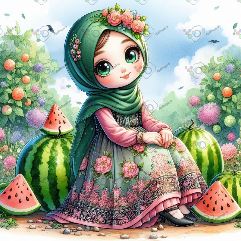 بک گراند کودکانه یلدا با طرح دختر بچه با حجاب و هندونه-کد 44682(ویژه عکس گراف)