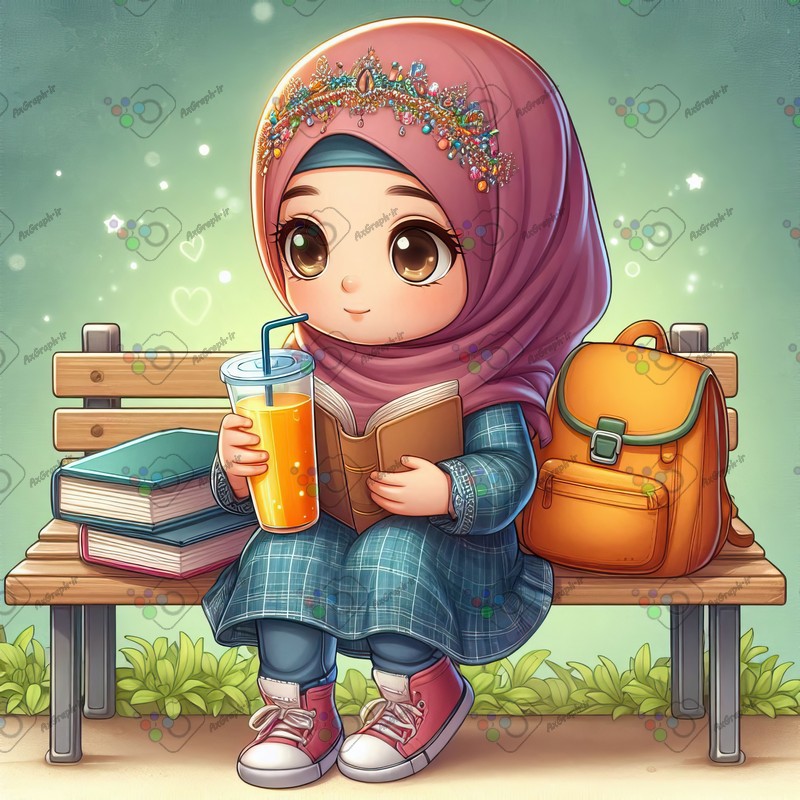 بک گراند کودکانه دانش آموز ناز با حجاب در حال نوشیدن آبمیوه و کتاب خواندن-کد 44555(ویژه عکس گراف)