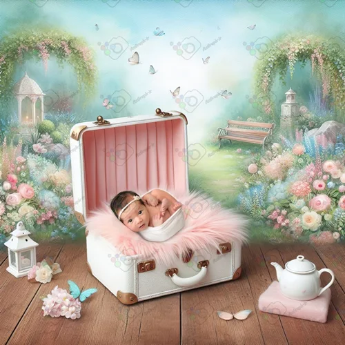 بک دراپ نوزاد چمدان با پس زمینه گلدار-کد 55006(ویژه عکس گراف)