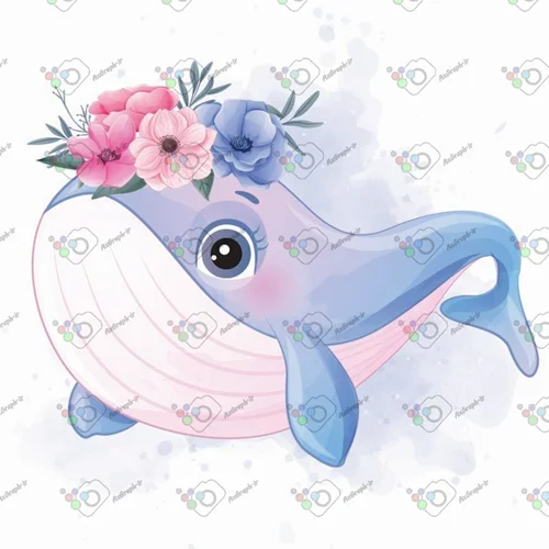 وکتور کودکانه نهنگ گل به سر-کد 11084