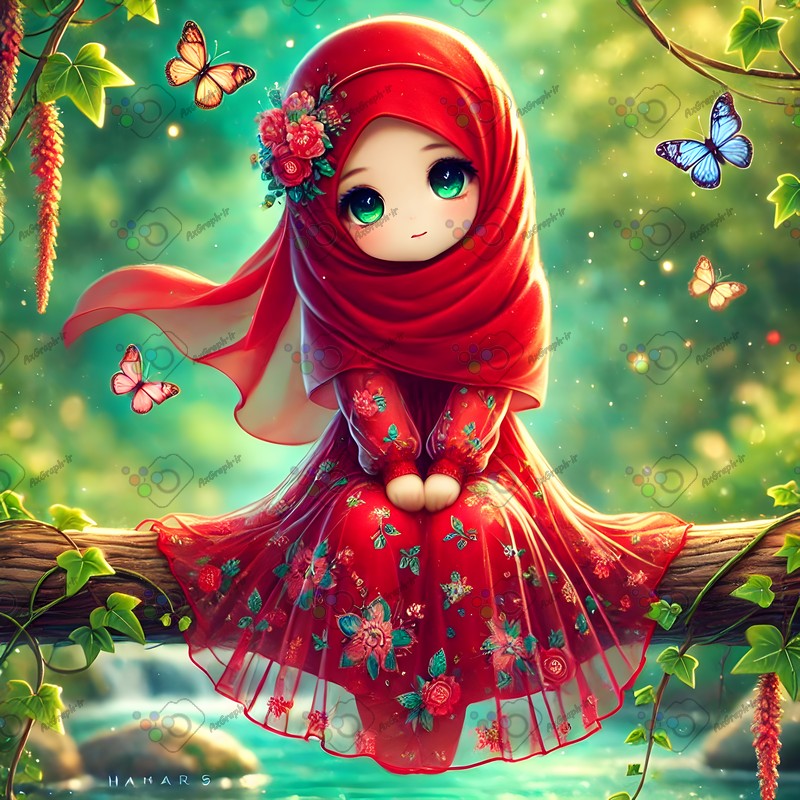 بک گراند کودکانه دختربچه ناز با حجاب نشسته روی شاخه درخت در جنگل سبز-کد 44625(ویژه عکس گراف)