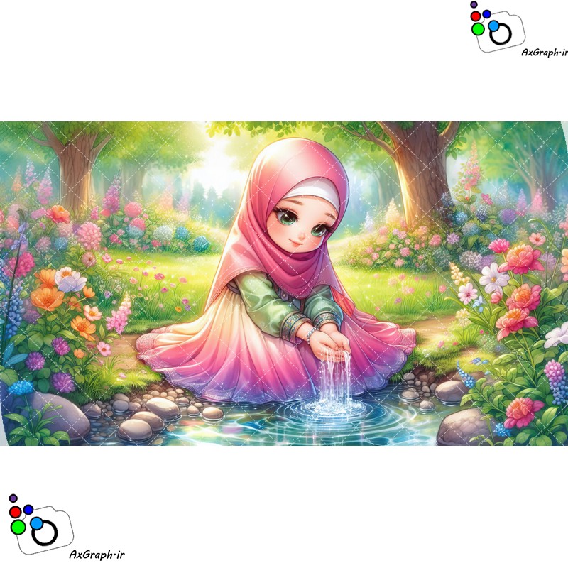 بک گراند کودکانه دختر ناز با حجاب کنار برکه در باغ بهاری-کد 44840(ویژه عکس گراف)