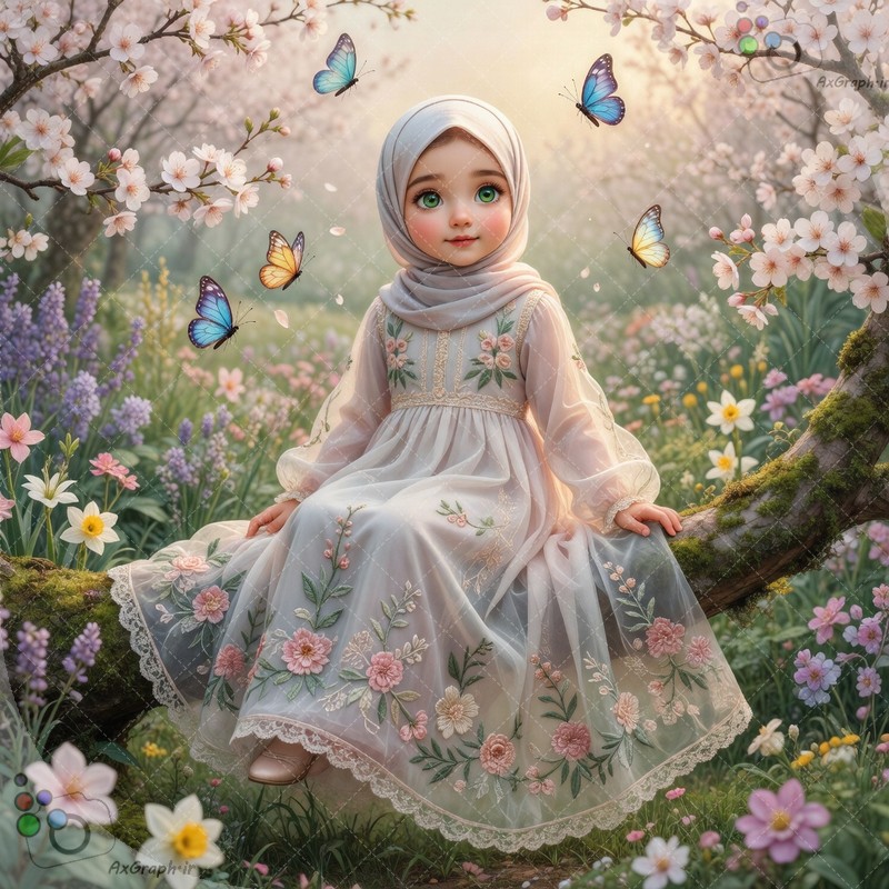 🌟🦋 طرح دختربچه معصوم با چشمان سبز زمردی و لباس حریر گل‌دوزی روی تنه درخت در باغ بهاری - کد ۴۵۰۱۴ (ویژه عکس گراف) 🌸🌿✨