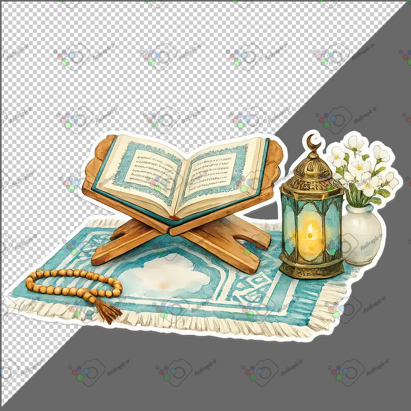 طرح برچسب قرآن و سجاده و تسبیح و فانوس و گلدان گل-کد 70196(ویژه عکس گراف)