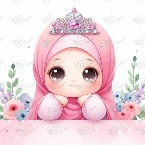 بک گراند کودکانه دختر ناز با حجاب و تاج نقره ای با لباس صورتی-کد 41072(ویژه عکس گراف)