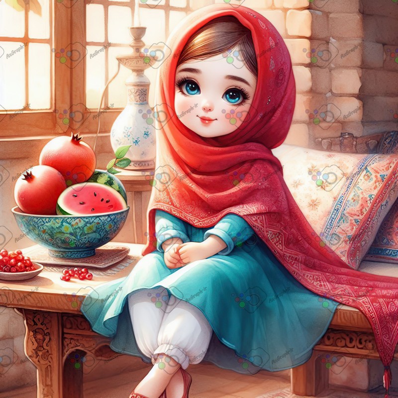 بک گراند کودکانه یلدا با طرح دختر ناز با حجاب و ظرف هندونه و انار-کد 44642(ویژه عکس گراف)