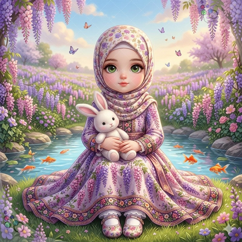 🌟🐰 طرح دختربچه معصوم باحجاب و عروسک خرگوش کنار برکه ماهی و گل‌های بهاری - کد ۴۵۰۱۵ (ویژه عکس گراف) 💜🌸✨