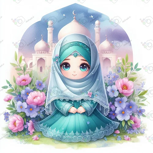 بک گراند کودکانه دختر زیبای محجبه با لباس فیروزه ای در باغ گل جلوی مسجد(ویژه عکس گراف)-کد 41283
