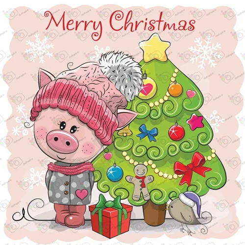 دانلود وکتور کارتونی خوک و درخت کریسمس-کد 10110