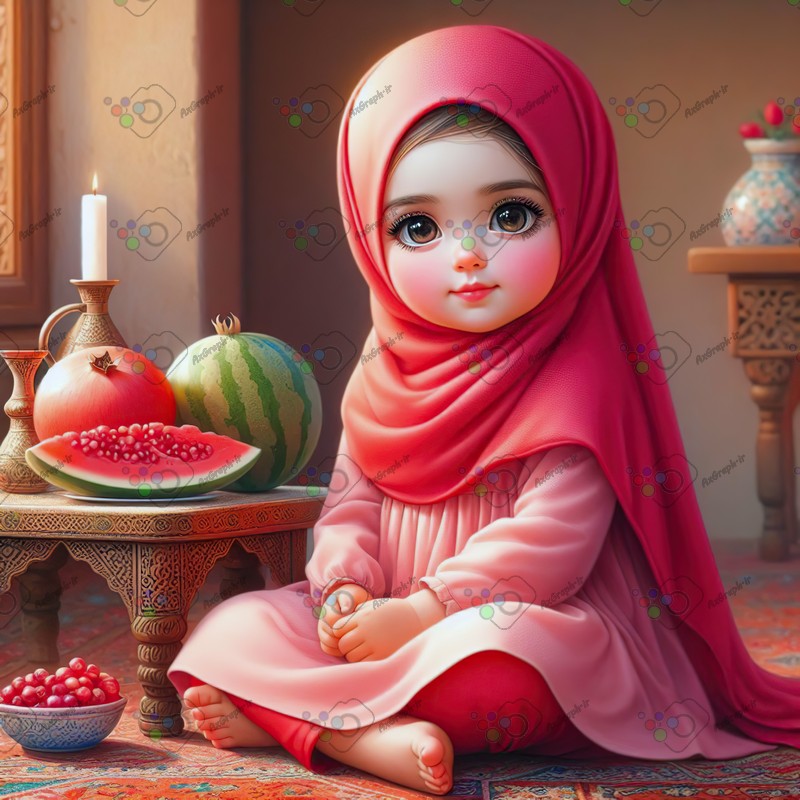 بک گراند کودکانه یلدا با طرح دختر بچه با حجاب نشسته کنار میز چوبی با چیدمان یلدایی-کد 44673(ویژه عکس گراف)