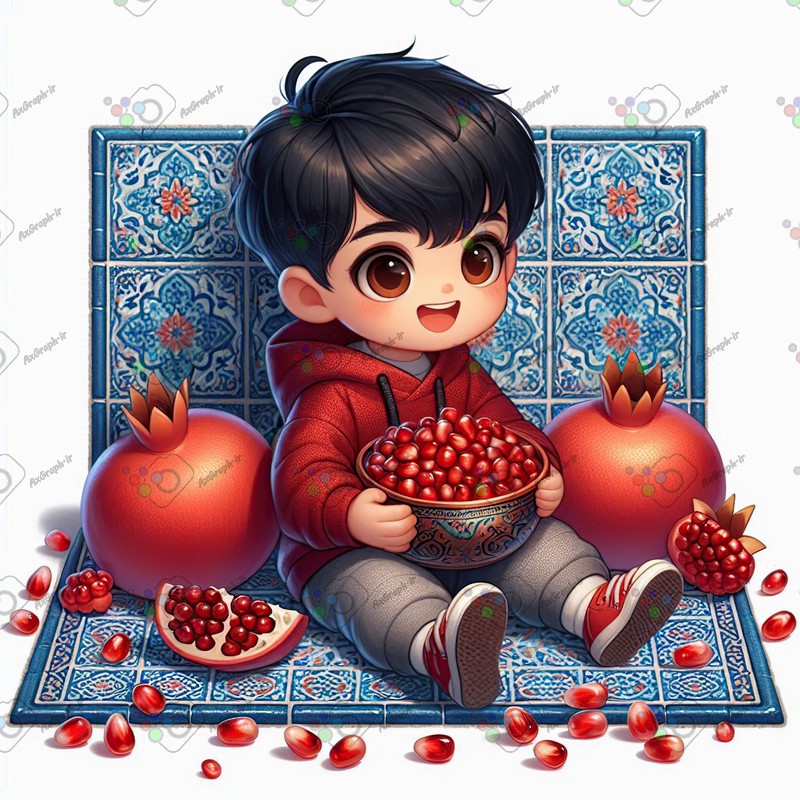 بک گراند کودکانه یلدا با طرح پسربچه و کاسه انار و انار و کاشی های سنتی-کد 44775(ویژه عکس گراف)