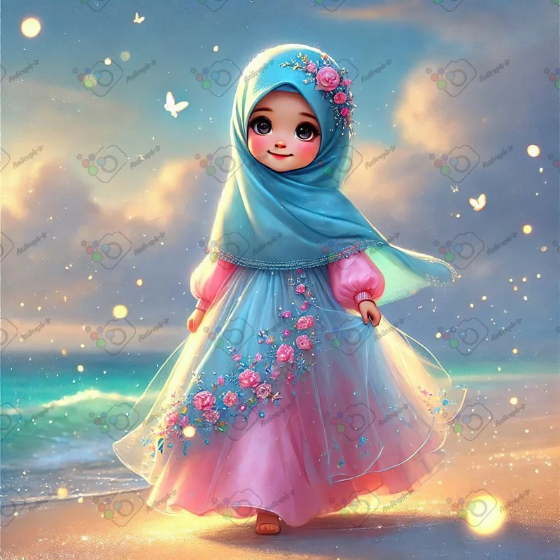 بک گراند کودکانه دختر کوچولوی ناز با حجاب در ساحل رویایی-کد 43689(ویژه عکس گراف)