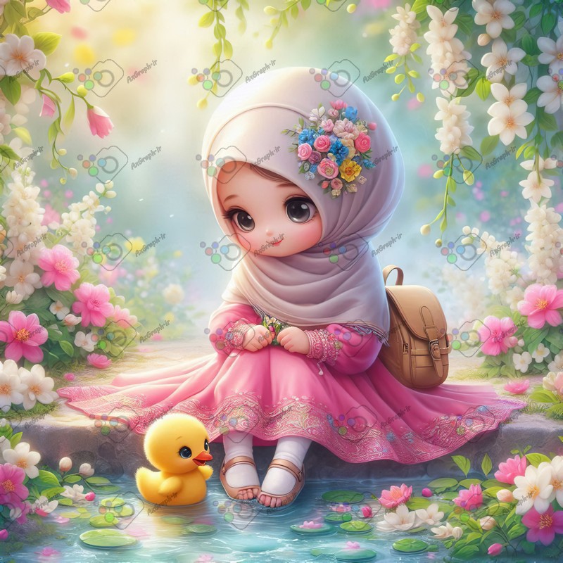 بک گراند کودکانه دختر بچه ناز با حجاب و جوجه اردک با مزه در باغ یاس-کد 44410(ویژه عکس گراف)