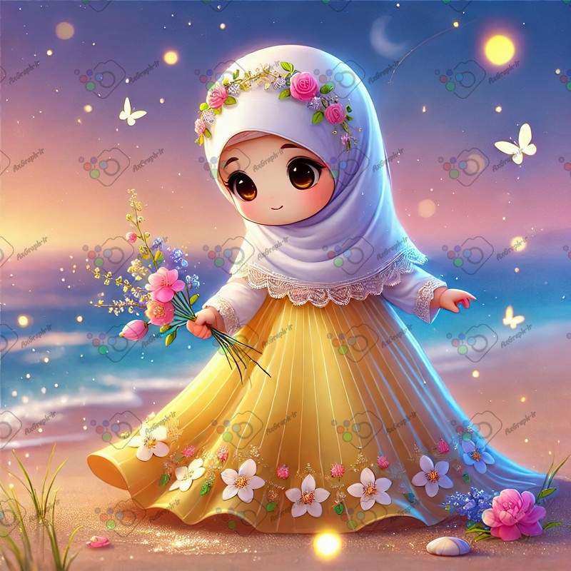 بک گراند کودکانه دختر ریزه میزه ناز با حجاب با دسته گل زیبا در ساحل-کد 44533(ویژه عکس گراف)