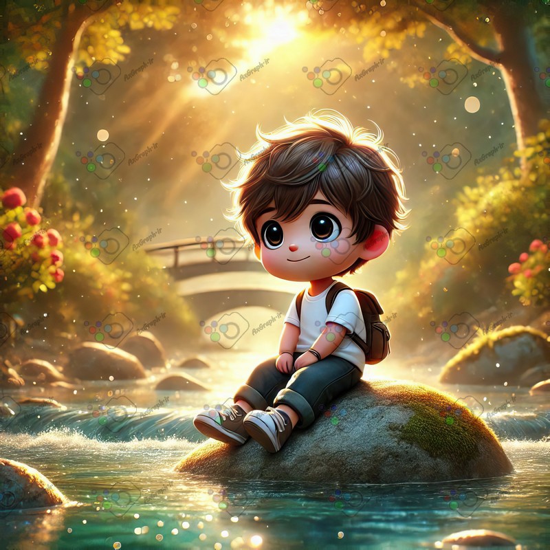 بک گراند کودکانه پسربچه بامزه روی تخته سنگ وسط رودخونه-کد 44498(ویژه عکس گراف)