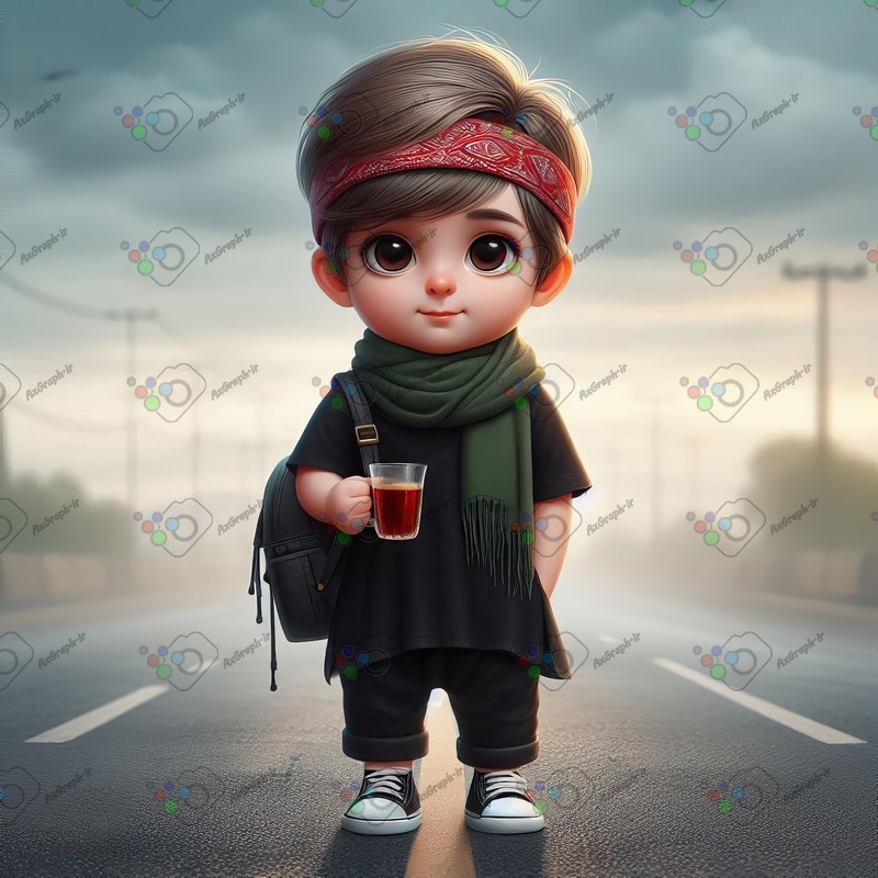 بک گراند کودکانه پسر بچه با لباس مشکی استکان چای در دست ایستاده در جاده-کد 44369(ویژه عکس گراف)