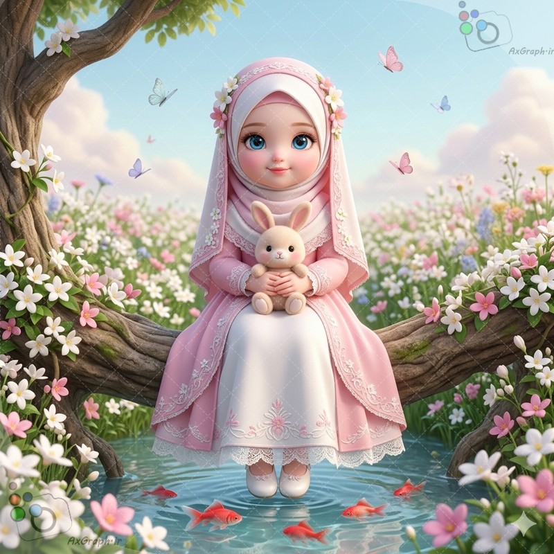 طرح دختربچه باحجاب صورتی و خرگوش عروسکی در باغ بهاری - کد ۴۴۹۶۱ (ویژه عکس گراف)