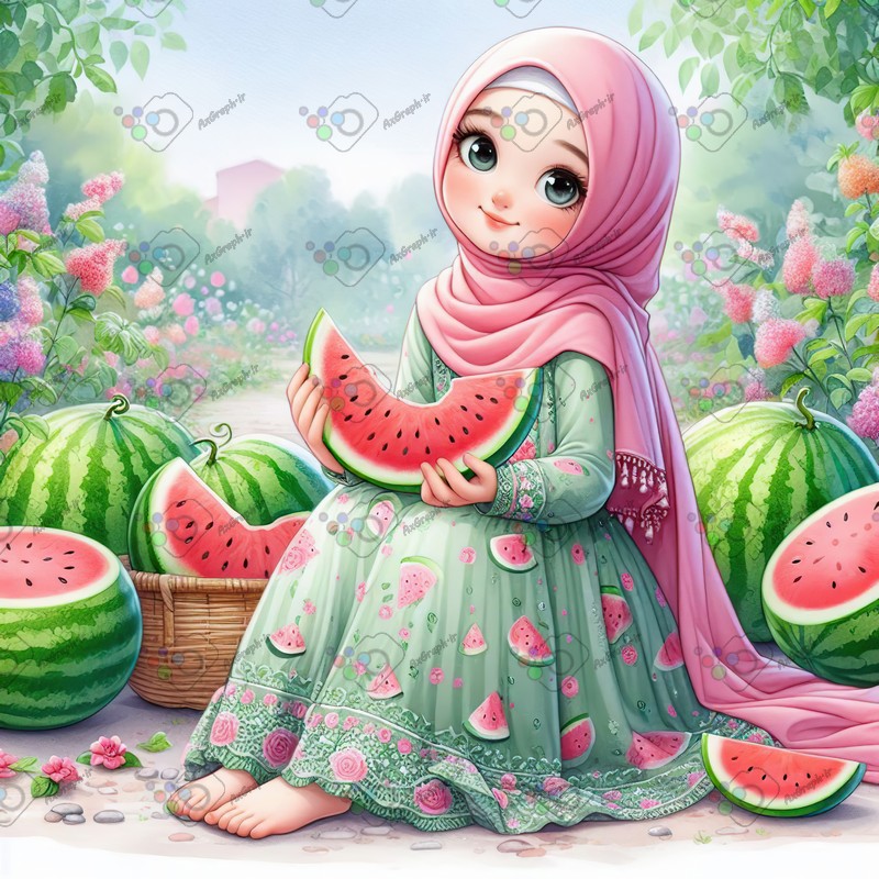 بک گراند کودکانه یلدا با طرح دختر بچه با حجاب در حال خوردن هندونه-کد 44680(ویژه عکس گراف)