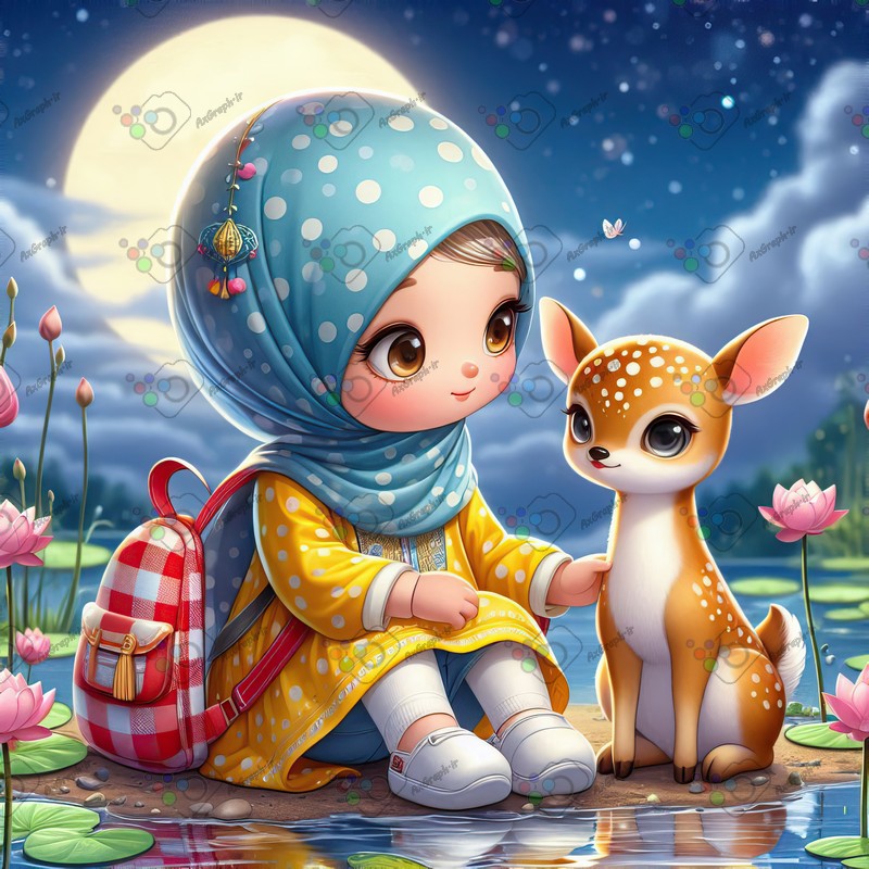 بک گراند کودکانه دختر بچه ناز با حجاب و بچه آهو در حال دویدن-کد 44546(ویژه عکس گراف)