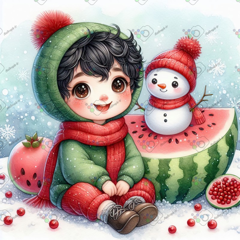 بک گراند کودکانه یلدا با طرح پسربچه و آدم برفی و هندونه و انار و برف-کد 44750(ویژه عکس گراف)