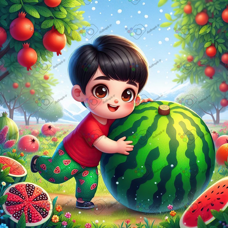 بک گراند کودکانه یلدا با طرح پسربچه با مزه در حال قل دادن هندونه غول پیکر در باغ انار-کد 44779(ویژه عکس گراف)