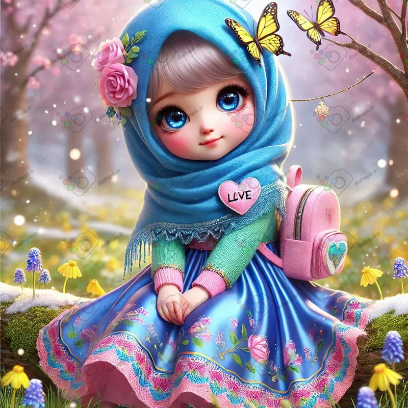 بک گراند کودکانه دختر کوچولوی ناز با حجاب با کوله صورتی نشسته روی درخت در باغ برفی-کد 43780(ویژه عکس گراف)