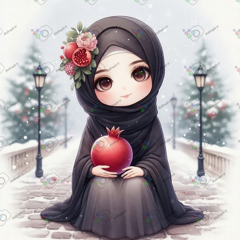 بک گراند کودکانه یلدا با طرح دختر بچه با حجاب و انار در زمستان-کد 44707(ویژه عکس گراف)