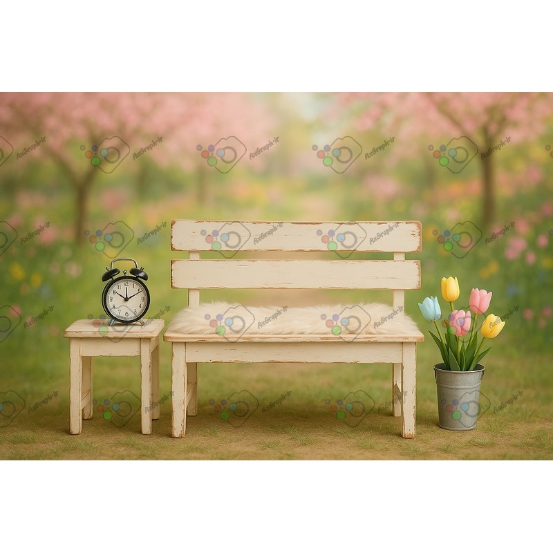 بک دراپ کودک و نوزاد تم نیمکت چوبی و گل لاله در سطل آهنی-کد 55407(ویژه عکس گراف)