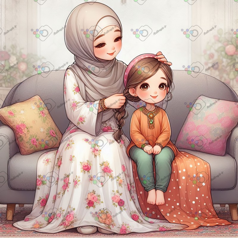 بک گراند کودکانه مادر با حجاب در حال بافتن موی دختر کوچک-کد 44443(ویژه عکس گراف)