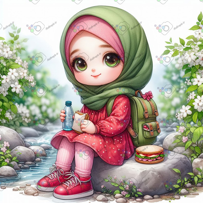 بک گراند کودکانه دختر ناز با حجاب با ساندویچ و بطری آب-کد 44478(ویژه عکس گراف)