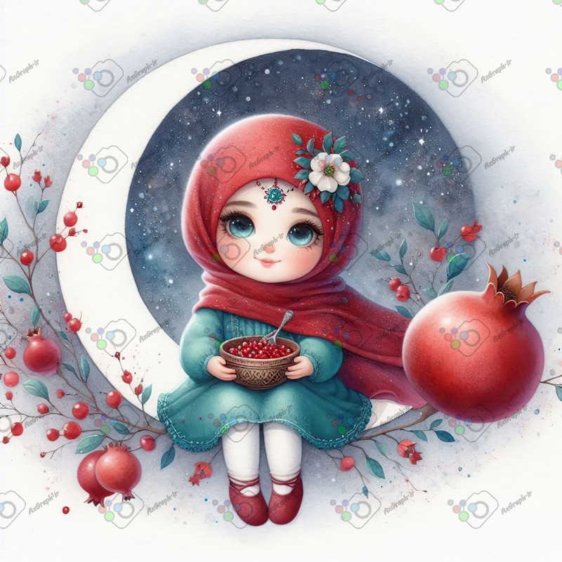 بک گراند کودکانه یلدا با طرح دختر بچه با حجاب با کاسه انار نشسته روی ماه-کد 44636(ویژه عکس گراف)