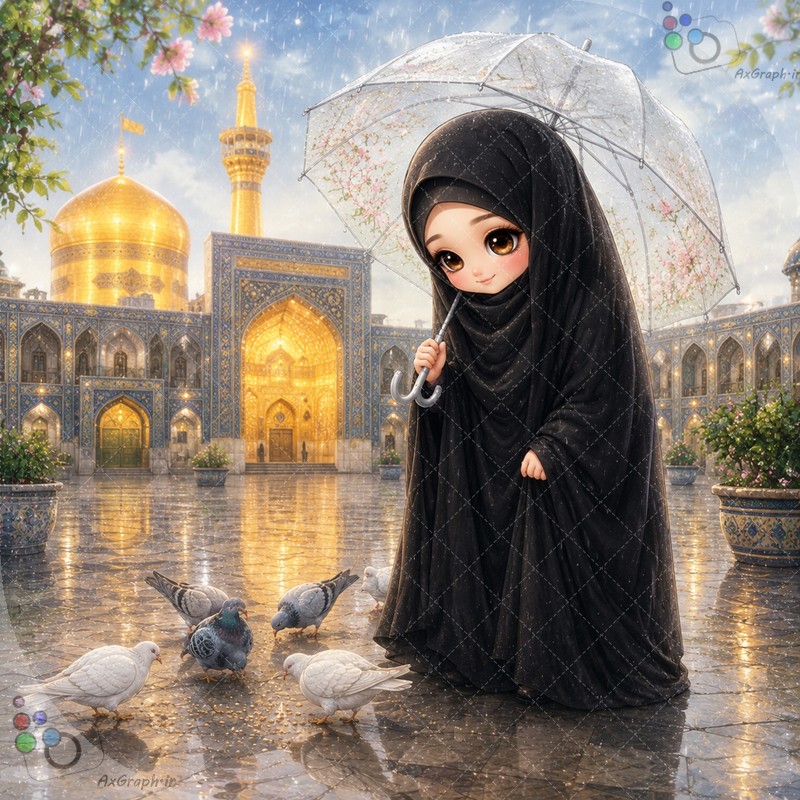 طرح دختر چادری با چتر در باران ایتاده کنار کبوتران حرم - کد 44953 (ویژه عکس گراف)
